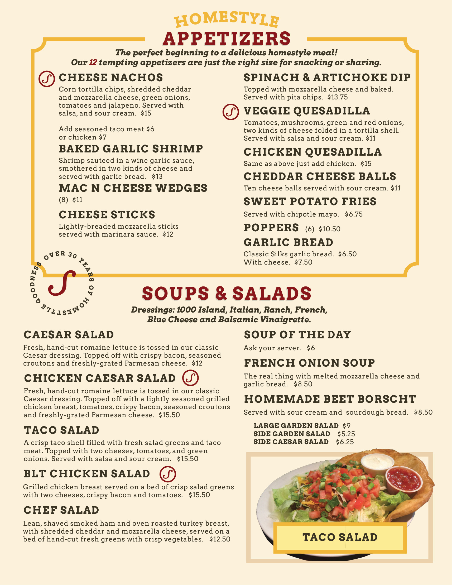 Appetizers, soups, and salads menu